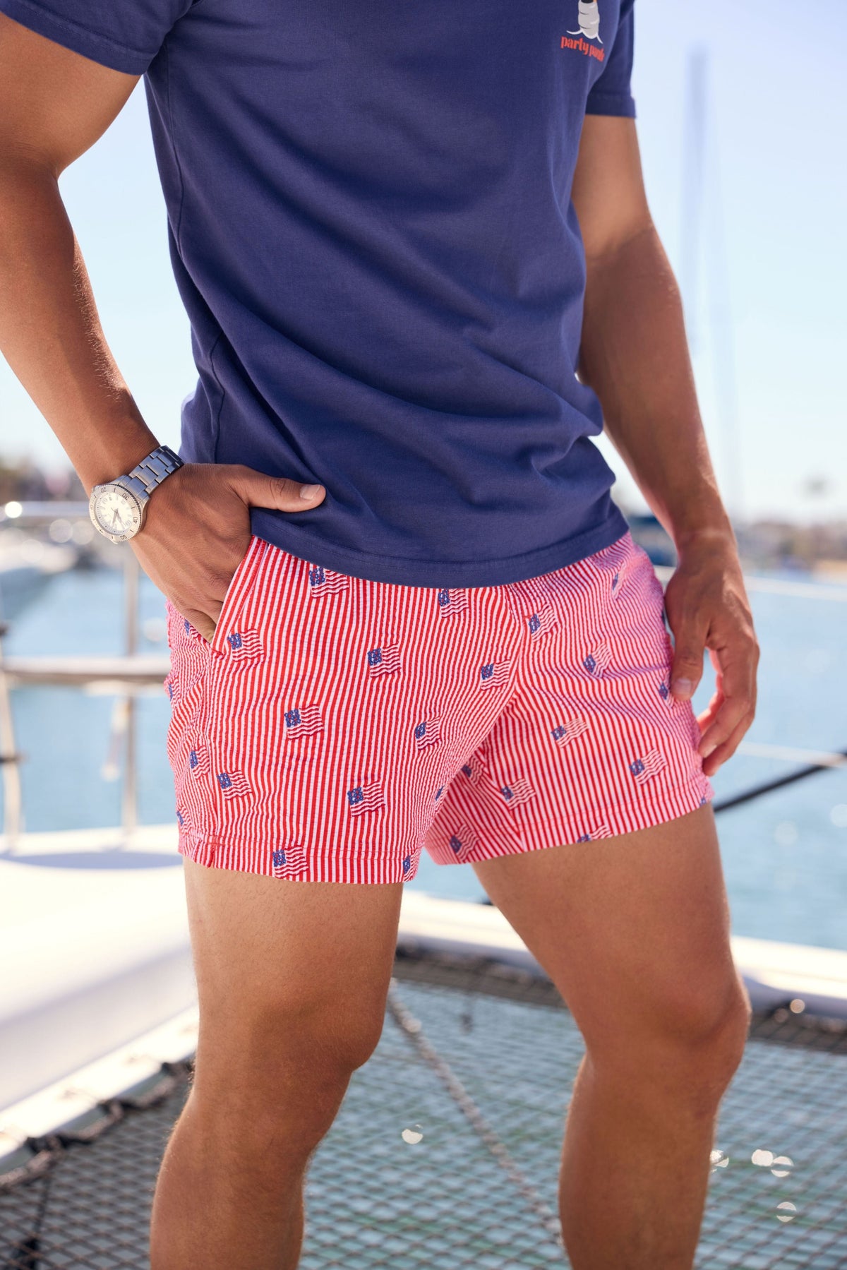 Stars and Stripes Embroidered in Red - Men's 5" Party Starter Shorts Party Starter Short PARTY PANTS