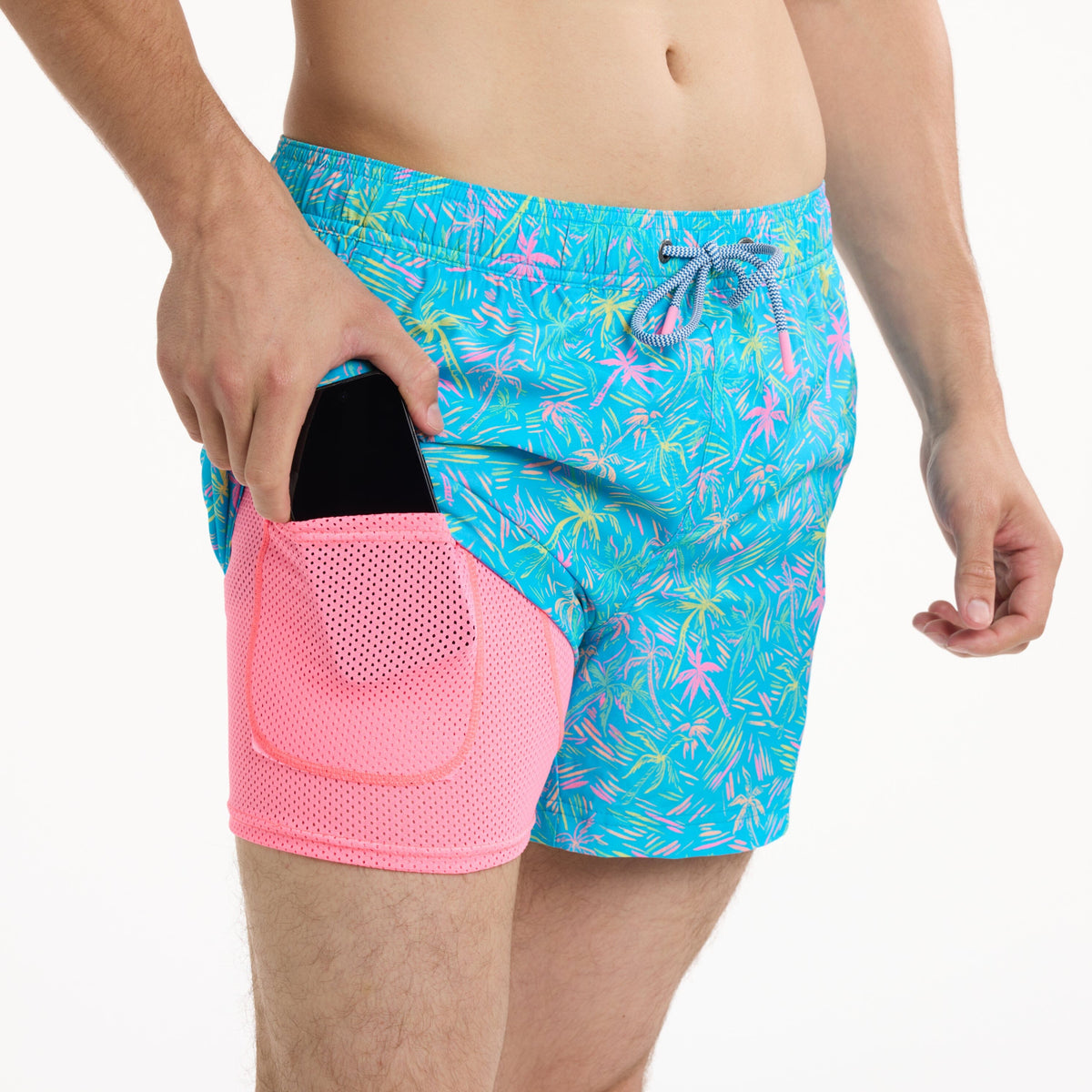 London Palms in Cyan - Men's 5" Happy Hour Swim Trunks Happy Hour Short PARTY PANTS