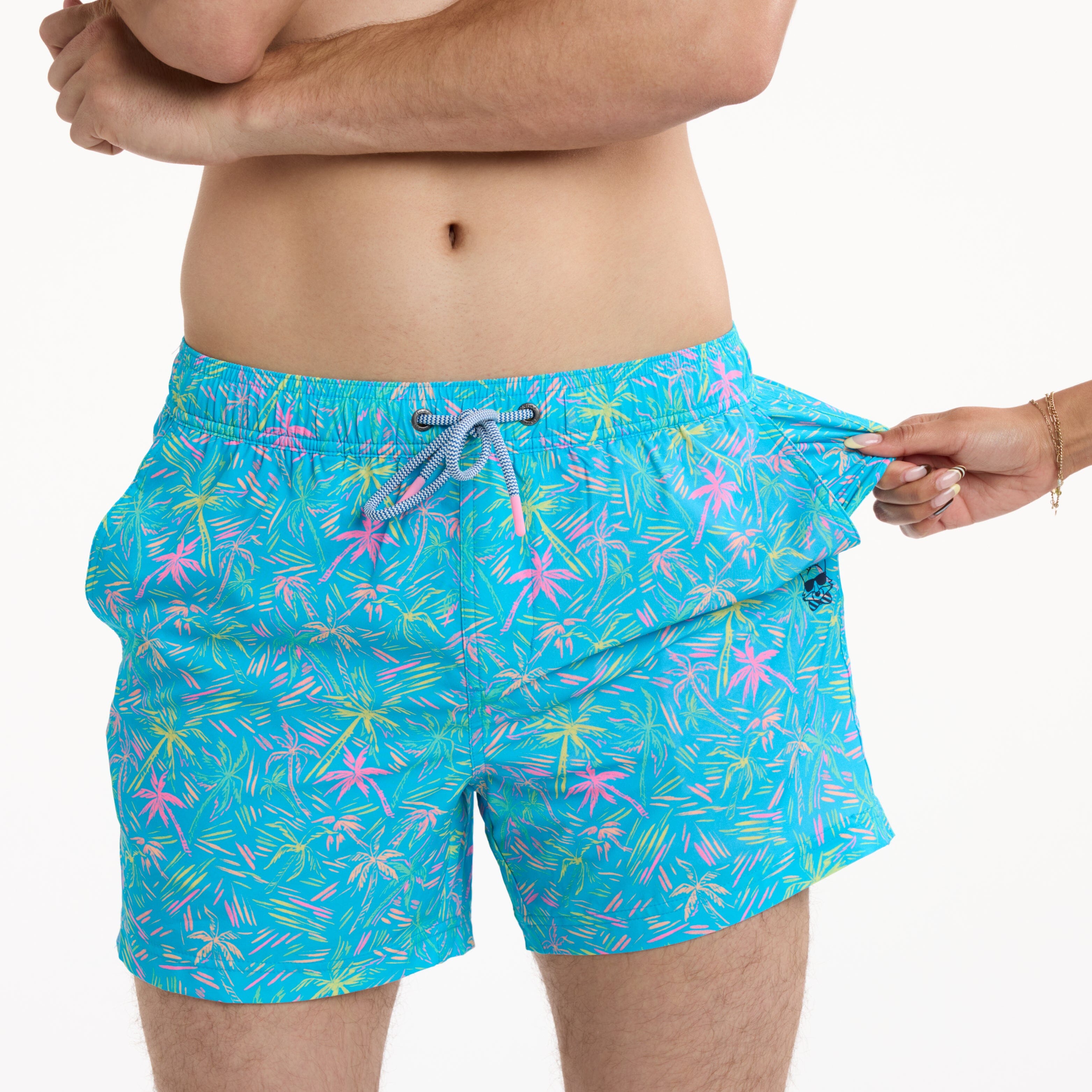 London Palms in Cyan - Men's 5" Happy Hour Swim Trunks Happy Hour Short PARTY PANTS