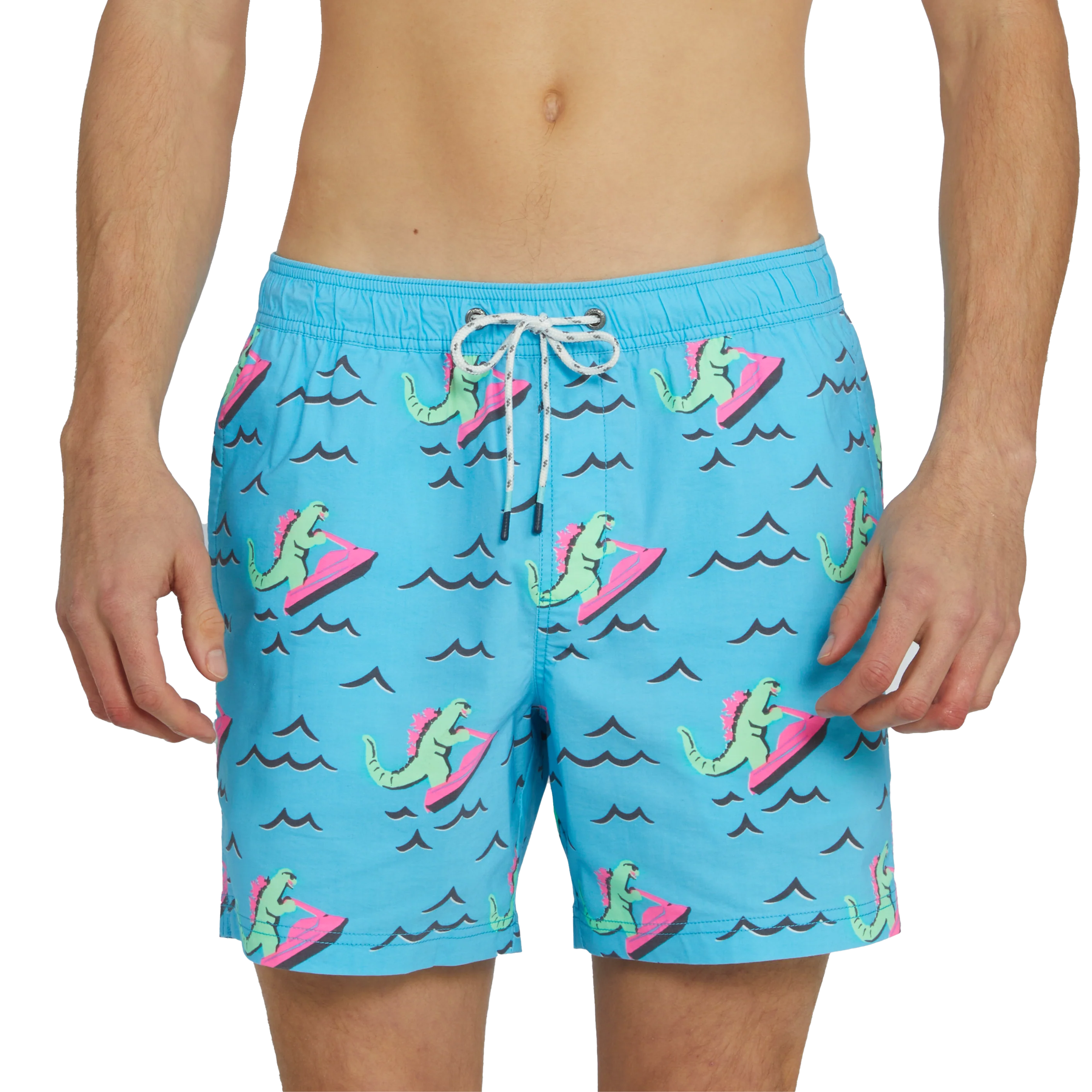 Front view of a guy wearing the Dino Ripper Party Starter Short