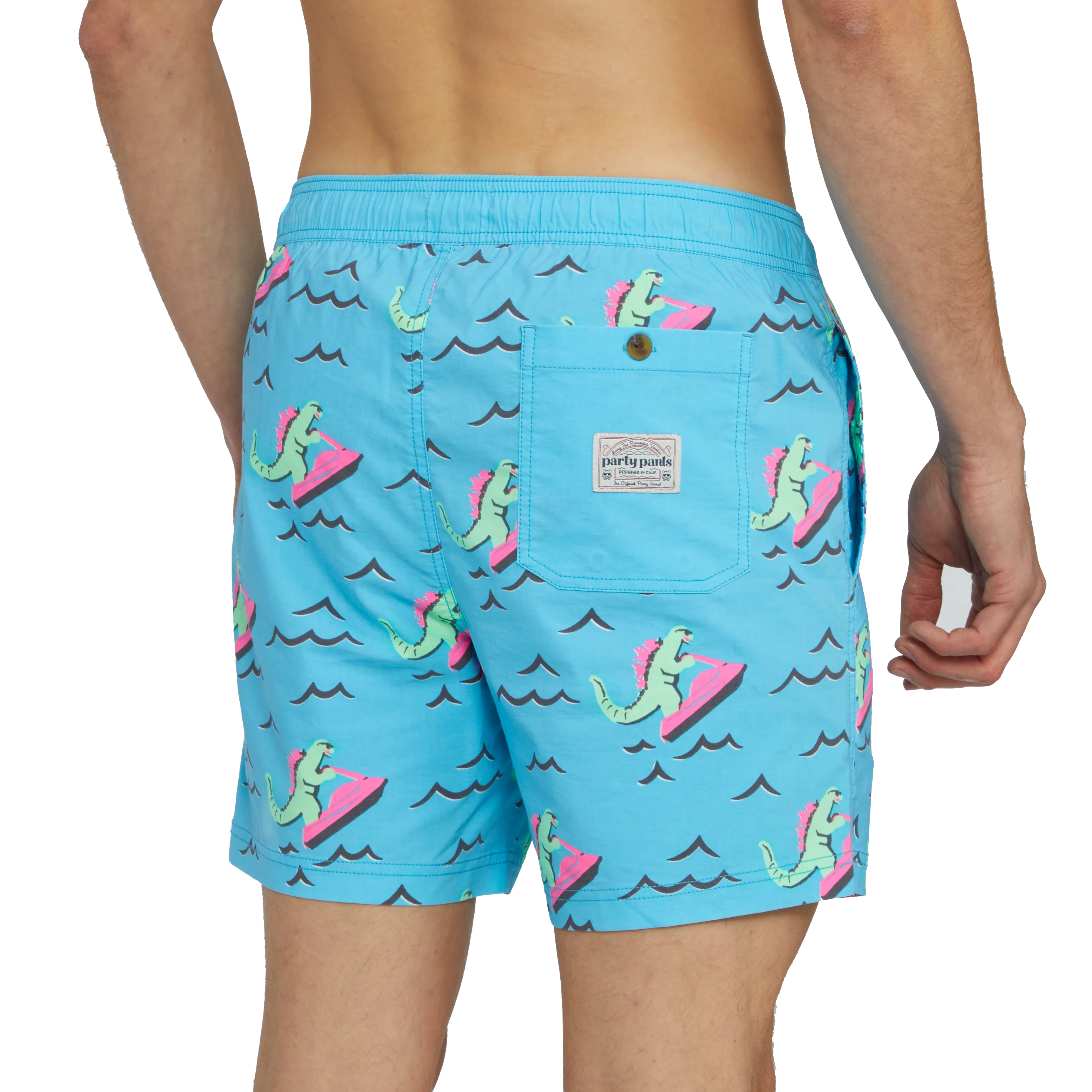 Rear view of a guy wearing the Dino Ripper Party Starter Short