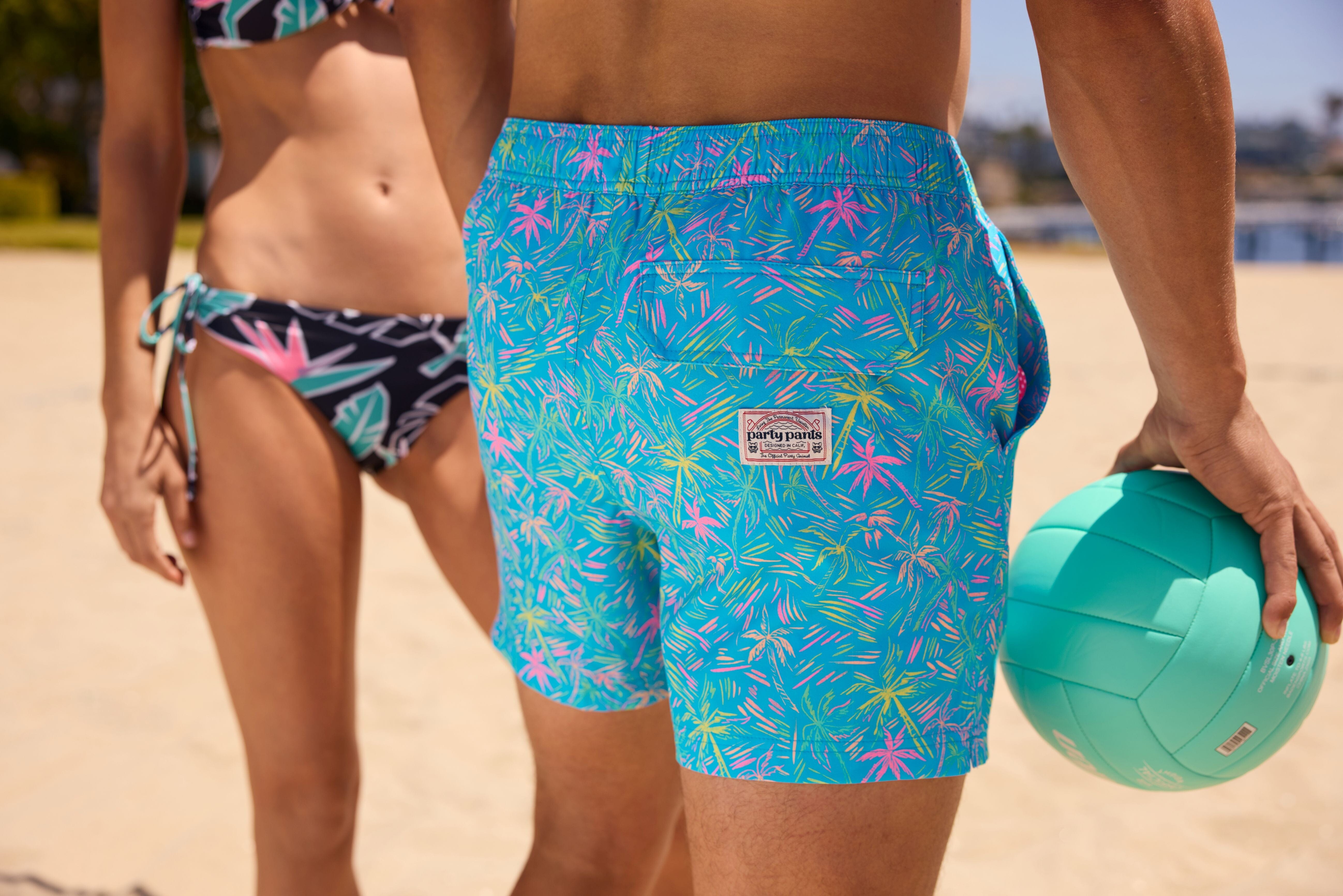 London Palms in Cyan - Men's 5" Happy Hour Swim Trunks Happy Hour Short PARTY PANTS 