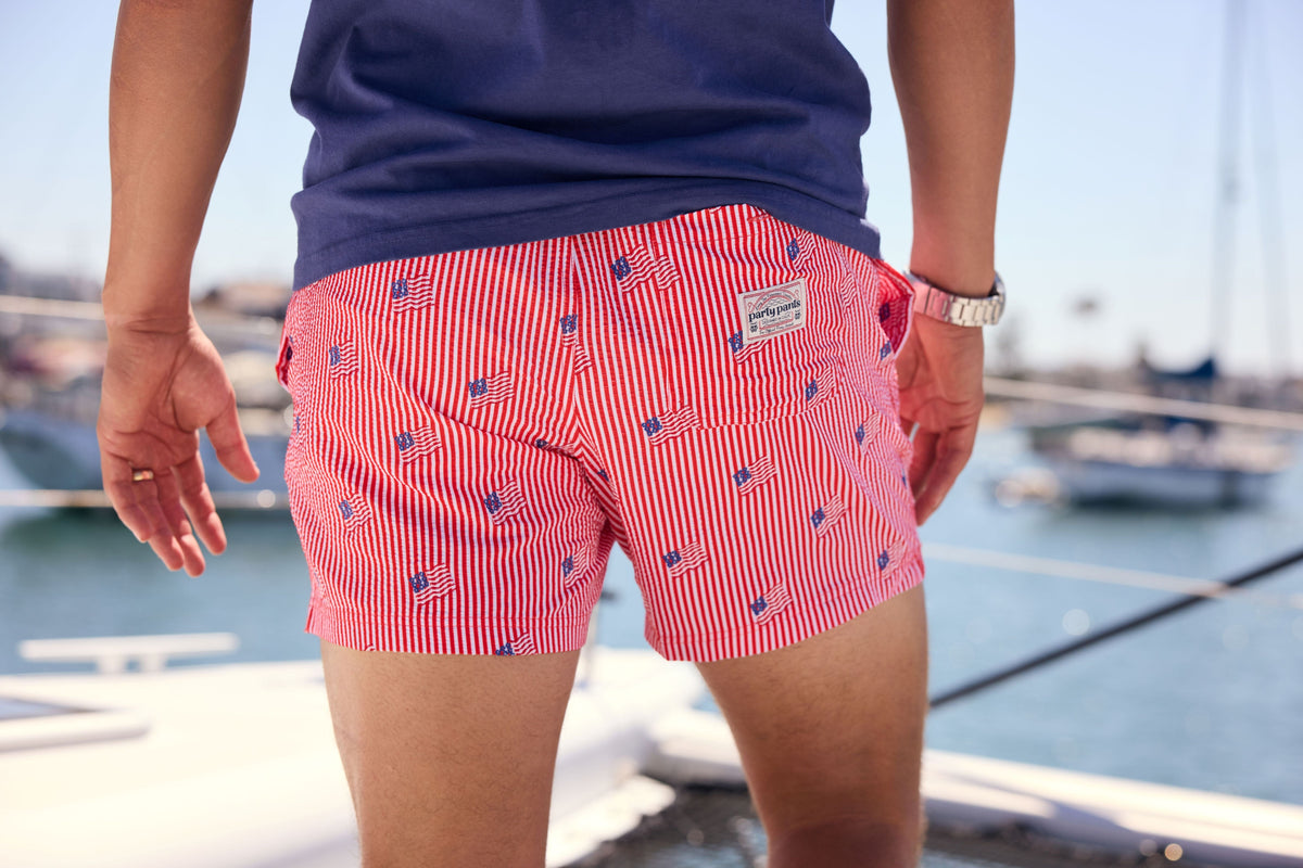 Stars and Stripes Embroidered in Red - Men's 5" Party Starter Shorts Party Starter Short PARTY PANTS 