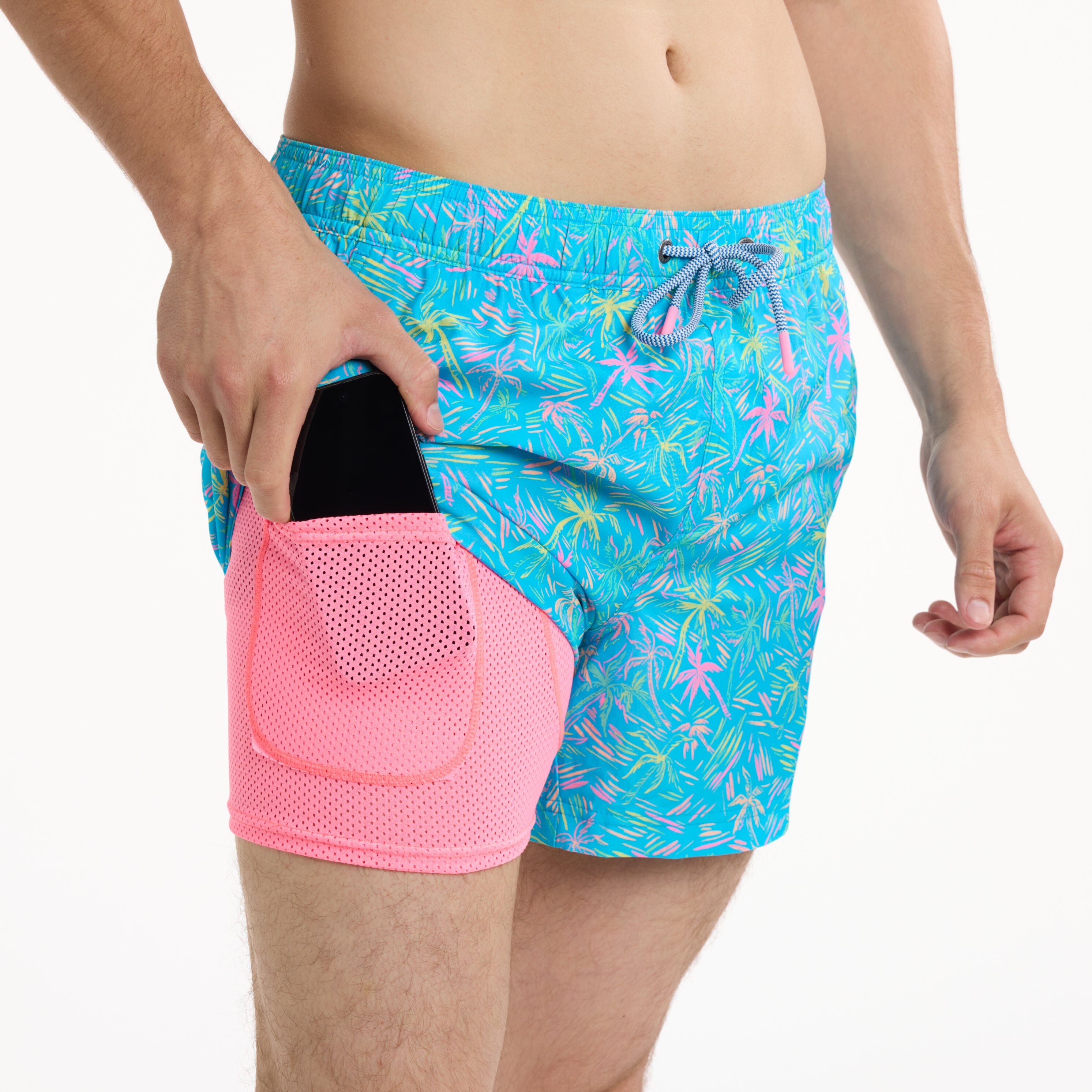 London Palms in Cyan - Men's 5" Happy Hour Swim Trunks Happy Hour Short PARTY PANTS 