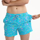 London Palms in Cyan - Men's 5" Happy Hour Swim Trunks Happy Hour Short PARTY PANTS 