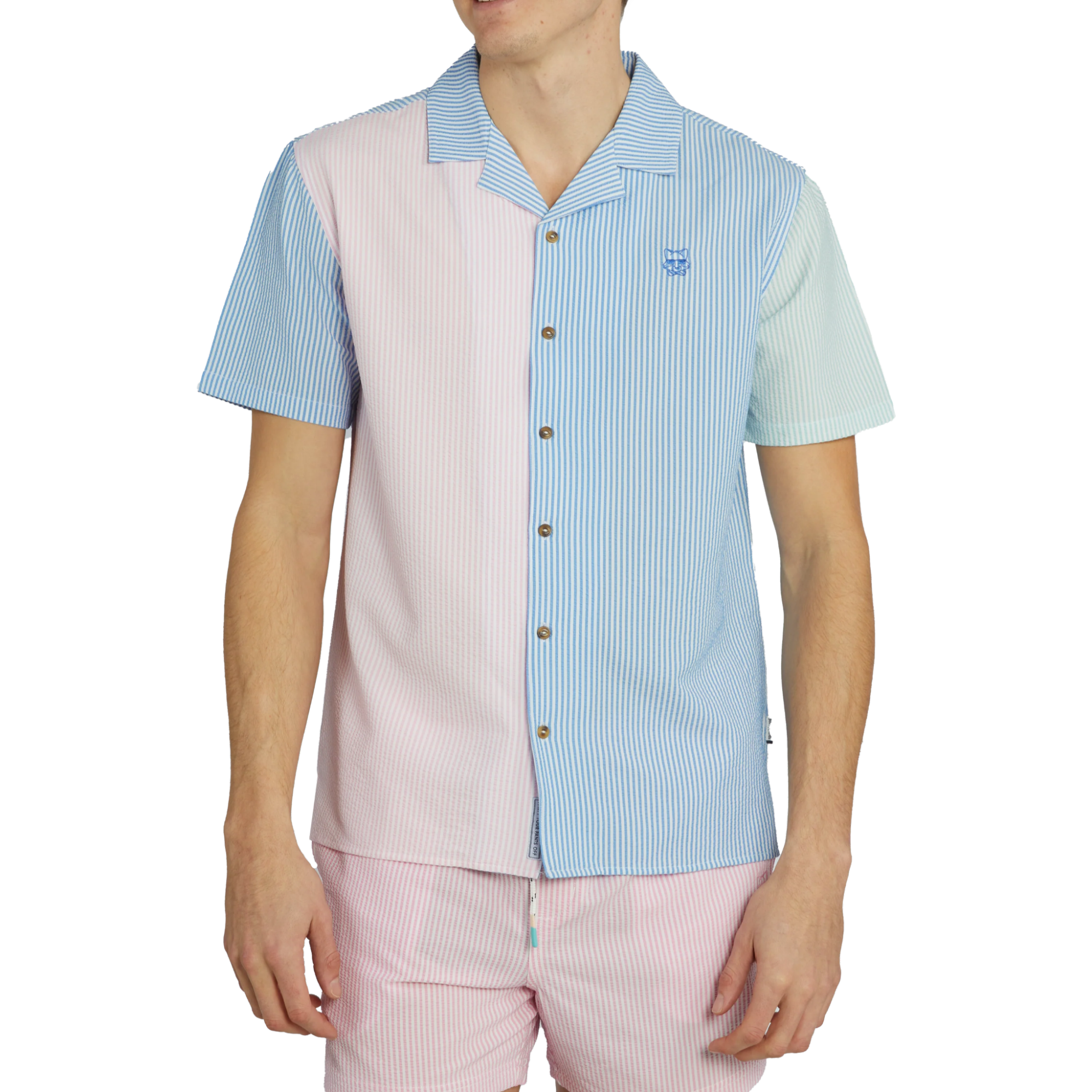A guy wearing the Fabio Color Block Cabana Shirt - Multi