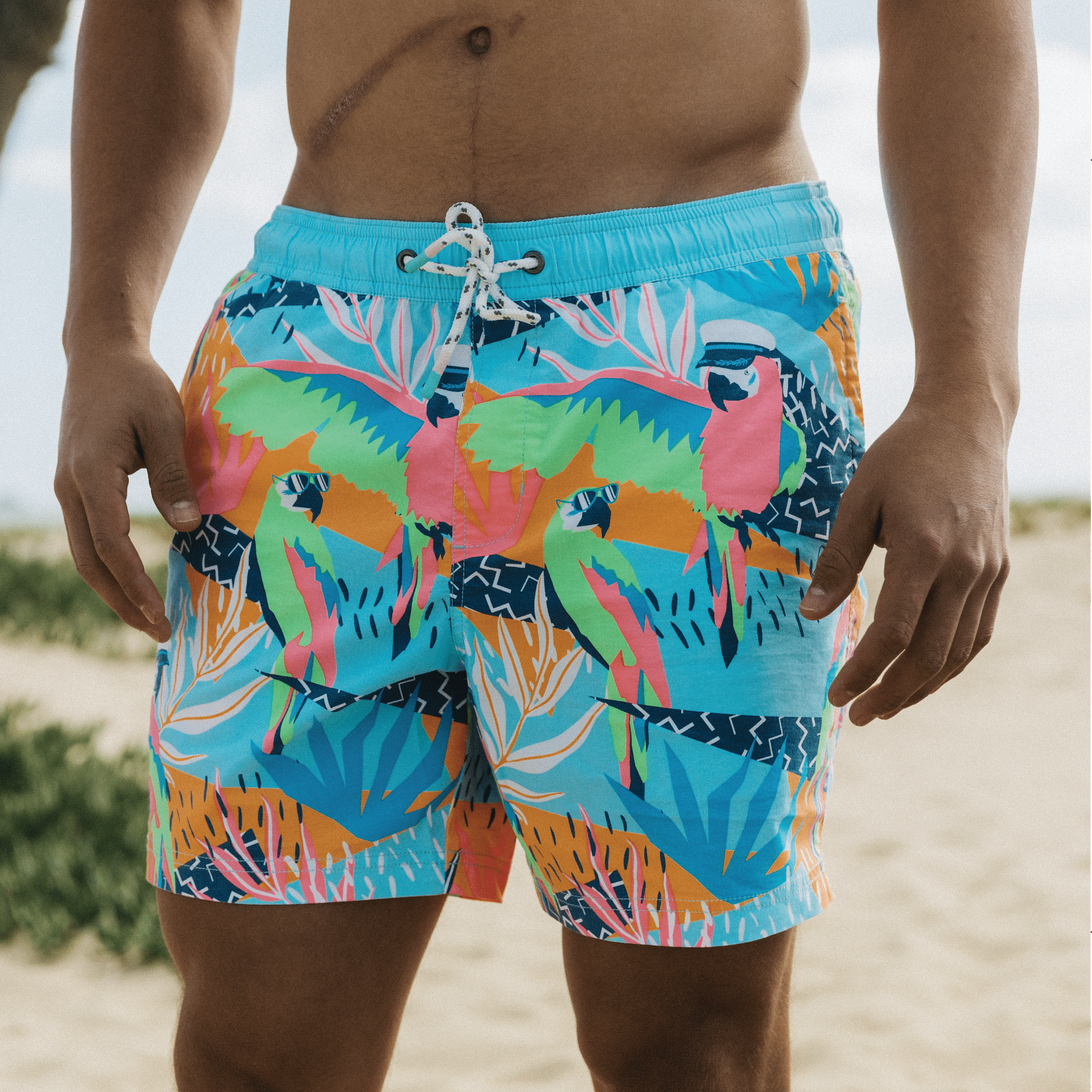 Light Blue Captn Macaw Party Shorts Printed Men s Preppy Swim
