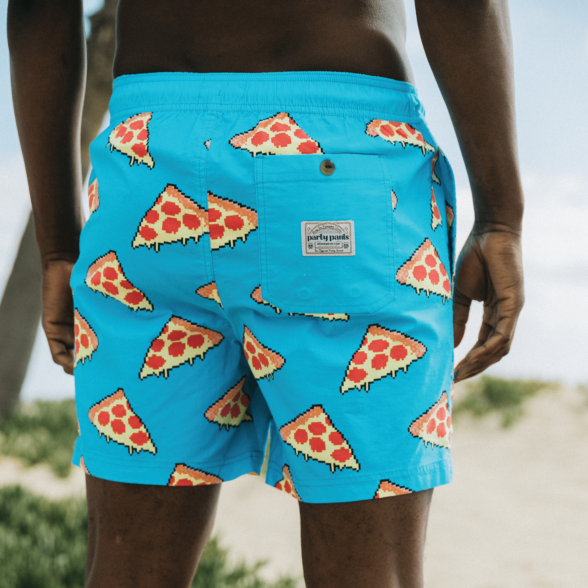 Blue - Baked Pizza Party Shorts - Printed Men's Preppy Swim Trunks, 5  Inseam – Party Pants USA